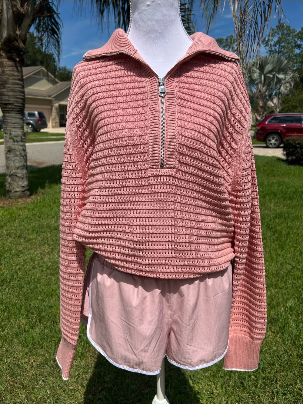 NWT🌷Varley Pink & White Half-Zip Collared Open-Knit Crew Neck Sweater